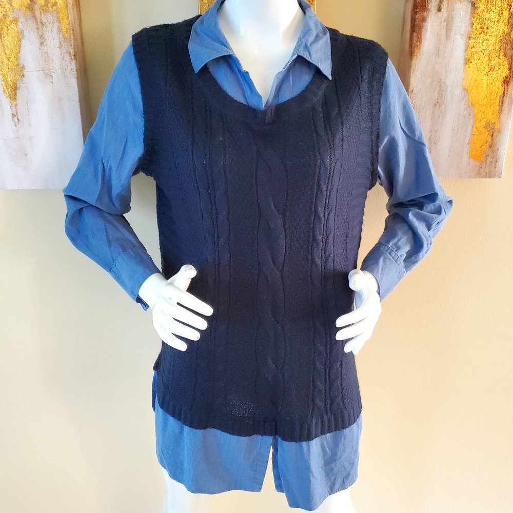 Faded Glory Blue Plus Twofer Sweater with Built-In Collared Shirt SZ L (12-14)